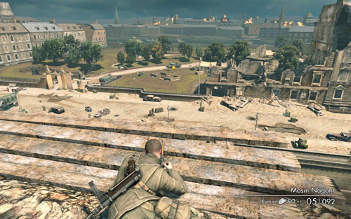 Your main objective is destroying the tank which is heading towards the opposite gate - Mission 3 - Kaiser-Friedrich Museum - p. 3 - Walkthrough - Sniper Elite V2 - Game Guide and Walkthrough