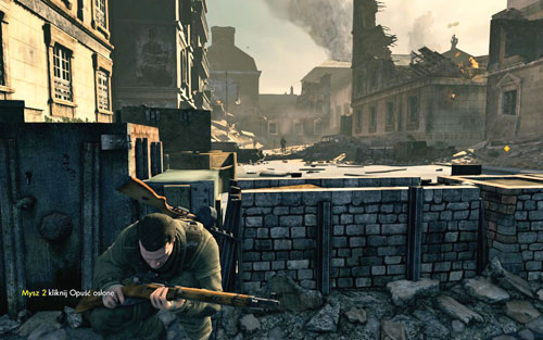 Crouch and go forward - you need to reach more or less the middle of the street [#1] and hide behind a wall - Mission 4 - Opernplatz - p. 1 - Walkthrough - Sniper Elite V2 - Game Guide and Walkthrough