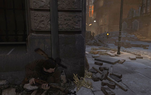 The street should still be patrolled by two enemies - Mission 5 - St. Olibartus Church - p. 1 - Walkthrough - Sniper Elite V2 - Game Guide and Walkthrough