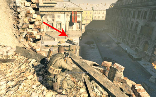 As the man runs from the building, turn left - a couple more soldiers will arrive on the square - Mission 4 - Opernplatz - p. 2 - Walkthrough - Sniper Elite V2 - Game Guide and Walkthrough