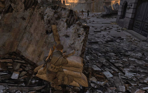 Head out through the back of the building to reach another square [#4] on which there are three soldiers - Mission 5 - St. Olibartus Church - p. 1 - Walkthrough - Sniper Elite V2 - Game Guide and Walkthrough