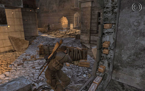 Head to the marked building [#2] and afterwards beside the stairs to the back, where you will be able to move on thanks to the destroyed wall - Mission 5 - St. Olibartus Church - p. 1 - Walkthrough - Sniper Elite V2 - Game Guide and Walkthrough