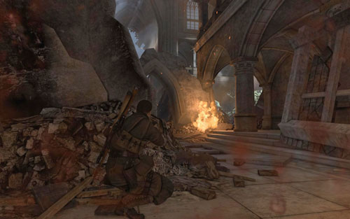 Inside the church you will come across three soldiers guarding this area, you should especially look out for the one by the barriers on the upper floor - Mission 5 - St. Olibartus Church - p. 2 - Walkthrough - Sniper Elite V2 - Game Guide and Walkthrough