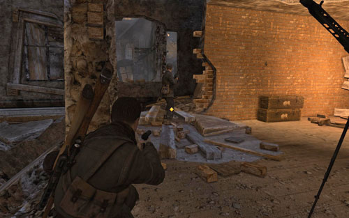 You can head further by either going into the building on the left or the little further opposite one - Mission 5 - St. Olibartus Church - p. 1 - Walkthrough - Sniper Elite V2 - Game Guide and Walkthrough