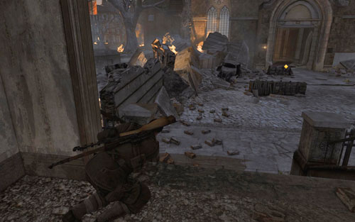 One of the hardest fragments is heading from the building to the church If you have decided not to kill all the soldiers on the streets, you can now draw away their attention by throwing a stone somewhere far - Mission 5 - St. Olibartus Church - p. 1 - Walkthrough - Sniper Elite V2 - Game Guide and Walkthrough