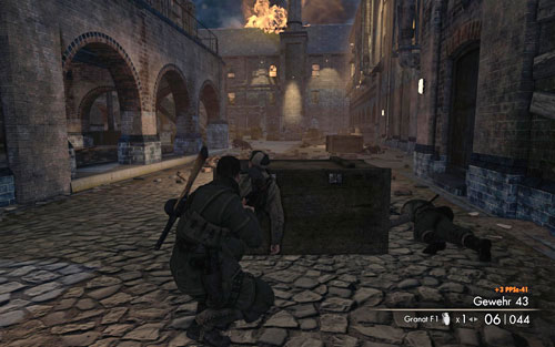 Move on very slowly and at some point a few more Germans which you will have to deal with will appear - Mission 6 - Tiergarten Flak Tower - p. 1 - Walkthrough - Sniper Elite V2 - Game Guide and Walkthrough