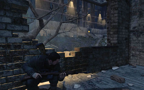 you can go up the stairs to a building with a hole in the back wall, from where you have a very good shooting position [#3] - Mission 6 - Tiergarten Flak Tower - p. 1 - Walkthrough - Sniper Elite V2 - Game Guide and Walkthrough