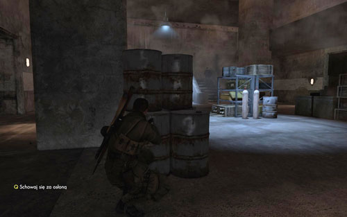 Hide behind the barrels and wait for the second soldier who came up the stairs to return down - Mission 6 - Tiergarten Flak Tower - p. 2 - Walkthrough - Sniper Elite V2 - Game Guide and Walkthrough