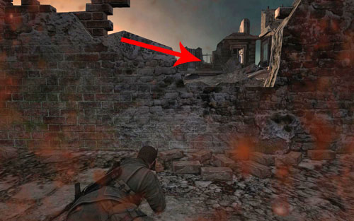 Slowly move to the middle of the square, right beneath a small wall - through one of the windows, you should be able to see a sniper (90m) in the distance - Mission 7 - Karlshorst Command Post - p. 2 - Walkthrough - Sniper Elite V2 - Game Guide and Walkthrough