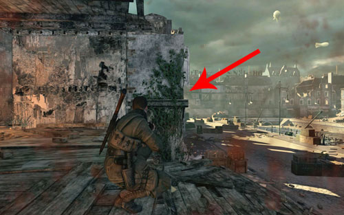 After getting out of the ruins and onto the street, an enemy sniper will appear in the opposite building - Mission 8 - Kreuzberg Headquarters - p. 1 - Walkthrough - Sniper Elite V2 - Game Guide and Walkthrough