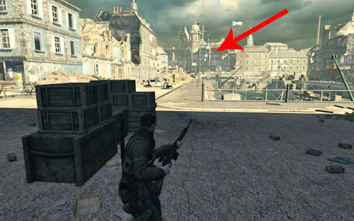 After reaching some more crates [#1], carefully look for a sniper on the building in the distance - also look out for more waves of Russians and Germans that will attack you from both sides - Mission 8 - Kreuzberg Headquarters - p. 1 - Walkthrough - Sniper Elite V2 - Game Guide and Walkthrough