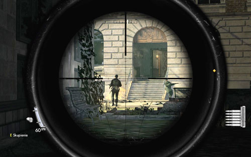 Firstly you should take care of the soldier inside the building, afterwards wait for one of the walking ones to approach the stairs and try to kill two during one explosion - Mission 8 - Kreuzberg Headquarters - p. 1 - Walkthrough - Sniper Elite V2 - Game Guide and Walkthrough