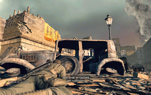 Crawl further, behind the car - try not to get noticed by the soldier walking on the roof of the building - Mission 10 - Brandenburg Gate - p. 1 - Walkthrough - Sniper Elite V2 - Game Guide and Walkthrough