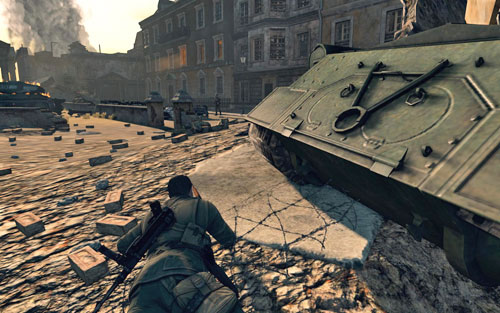 Crawl further to the right - try not to get too far onto the small debris pile by the tank, as you will get noticed - Mission 10 - Brandenburg Gate - p. 2 - Walkthrough - Sniper Elite V2 - Game Guide and Walkthrough