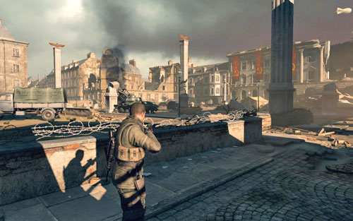 After clearing the square, you will be able to destroy the tank without having to worry about starting an alarm - Mission 10 - Brandenburg Gate - p. 2 - Walkthrough - Sniper Elite V2 - Game Guide and Walkthrough