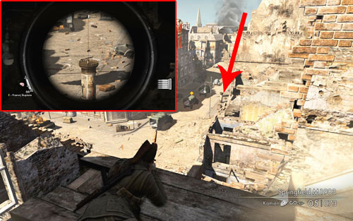 The bottle is on an advertising column [#2] - it's best visible from the vantage point, when you need to stop the convoy - Mission 1 - Wine Bottles and Gold Bars - Sniper Elite V2 - Game Guide and Walkthrough