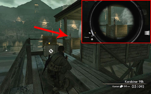 The bottle is on the second watchtower [#1] - you can pretty much shoot it while on the first tower, right after eliminating the sniper - Mission 2 - Wine Bottles and Gold Bars - Sniper Elite V2 - Game Guide and Walkthrough