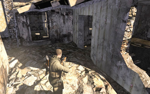 After getting rid of Kreidl and destroying the tank (overall, after clearing the area), as you go down to search the body, turn around on one of the floors - you should see a door - Mission 1 - Wine Bottles and Gold Bars - Sniper Elite V2 - Game Guide and Walkthrough