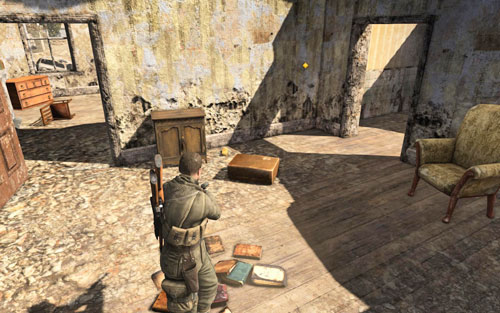 The gold is behind a cabinet, in one of the rooms of the building [#8] guarded by an enemy - Mission 1 - Wine Bottles and Gold Bars - Sniper Elite V2 - Game Guide and Walkthrough