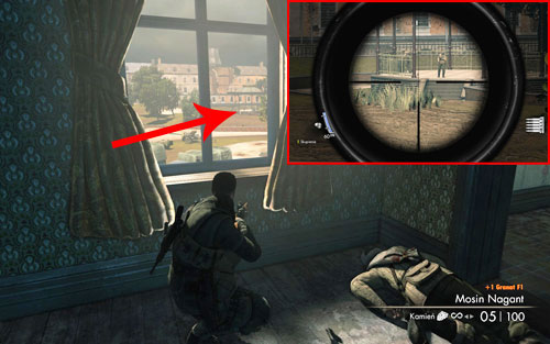 After obtaining a new sniper rifle, look out one of the windows - in the distance you should see a small square beneath a dome [#3] with two soldiers on it - Mission 3 - Wine Bottles and Gold Bars - Sniper Elite V2 - Game Guide and Walkthrough