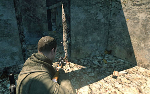 Inside the ruined building on the right - head inside through the main entrance and pass by the stairs - Mission 3 - Wine Bottles and Gold Bars - Sniper Elite V2 - Game Guide and Walkthrough