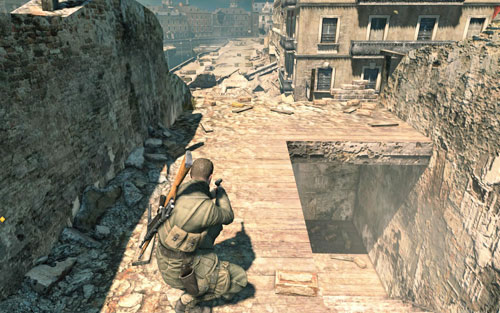 On the building beside which there's a four-man patrol [#5] - Mission 3 - Wine Bottles and Gold Bars - Sniper Elite V2 - Game Guide and Walkthrough