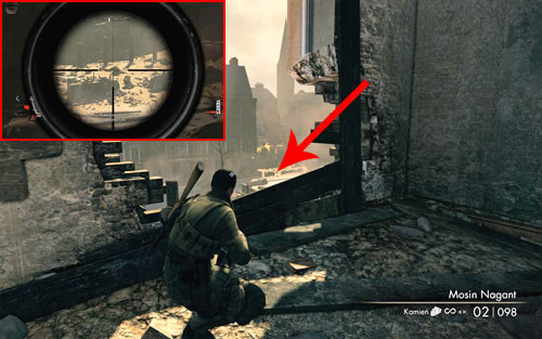 The bottle is standing on a wall right before the execution site [#3] - Mission 4 - Wine Bottles and Gold Bars - Sniper Elite V2 - Game Guide and Walkthrough