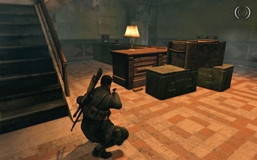 After you enter the building, right beside the counter by the crates [#2] - Mission 4 - Wine Bottles and Gold Bars - Sniper Elite V2 - Game Guide and Walkthrough