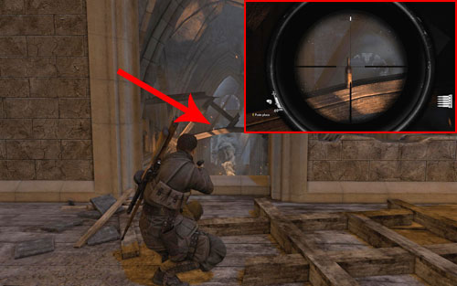 After heading into the church, head onto the upper floor with a large open area and a window and turn around - Mission 5 - Wine Bottles and Gold Bars - Sniper Elite V2 - Game Guide and Walkthrough
