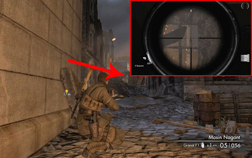 After heading into the first building and going to its back, the bottle can be found on a frame of a destroyed window [#1] in the distance, right beside a small street - Mission 5 - Wine Bottles and Gold Bars - Sniper Elite V2 - Game Guide and Walkthrough
