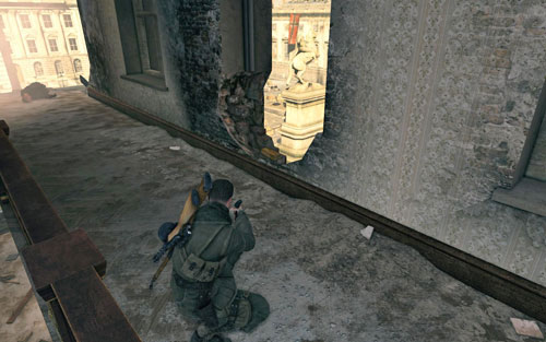 Turn left after going up the stairs - the gold is on what's left of the window [#10] - Mission 4 - Wine Bottles and Gold Bars - Sniper Elite V2 - Game Guide and Walkthrough