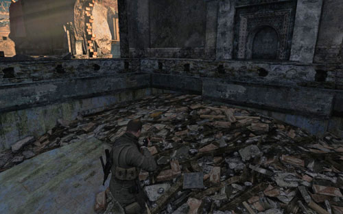 Ruins at the end of the road on the right [#7], inside there's a destroyed staircase - Mission 7 - Wine Bottles and Gold Bars - Sniper Elite V2 - Game Guide and Walkthrough