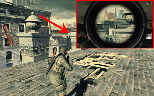 On one of the pillars of the destroyed middle object on the square [#3] - you should get onto it using the crates placed right beside - Mission 8 - Wine Bottles and Gold Bars - Sniper Elite V2 - Game Guide and Walkthrough