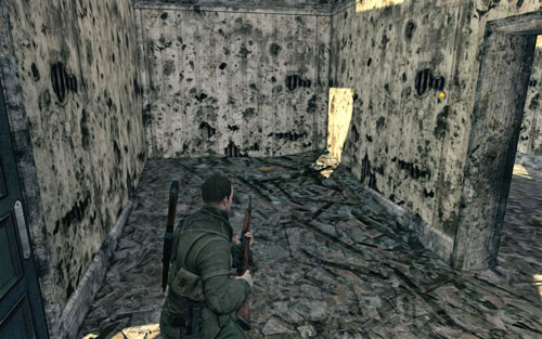 Inside the first building on the left [#2] which you will pass by after going round the pier - Mission 8 - Wine Bottles and Gold Bars - Sniper Elite V2 - Game Guide and Walkthrough