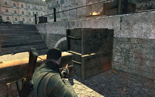 The gold bar can be found behind the crates on the pier [#1] which you will pass by - go down the stairs - Mission 8 - Wine Bottles and Gold Bars - Sniper Elite V2 - Game Guide and Walkthrough