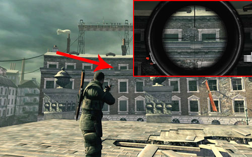 On the ledge of the building [#4] you need to reach to find the documents, it's best to head onto the destroyed object in the middle of the square, from where you will have a good view of the bottle - Mission 8 - Wine Bottles and Gold Bars - Sniper Elite V2 - Game Guide and Walkthrough