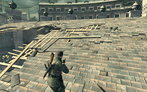 On the slightly destroyed object in the middle of the square [#5] - where you can find two tunnels - Mission 8 - Wine Bottles and Gold Bars - Sniper Elite V2 - Game Guide and Walkthrough