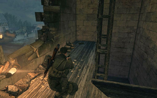 At the top of the church tower [#2] - firstly you need to go up the stairs and afterwards climb up a couple times - Mission 9 - Wine Bottles and Gold Bars - Sniper Elite V2 - Game Guide and Walkthrough