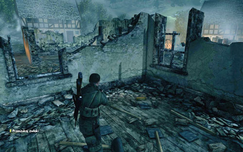 Inside one of the burned buildings [#4] beside the street - Mission 9 - Wine Bottles and Gold Bars - Sniper Elite V2 - Game Guide and Walkthrough