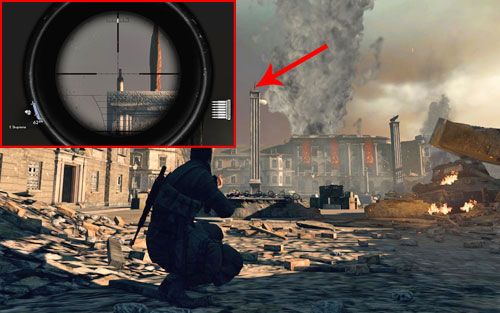 After reaching the square leading to the gate, the bottle can be found at the top of the first pillar [#2] you see - Mission 10 - Wine Bottles and Gold Bars - Sniper Elite V2 - Game Guide and Walkthrough