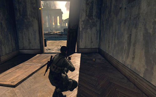 Inside the first building to the left of the square entrance [#7] - Mission 10 - Wine Bottles and Gold Bars - Sniper Elite V2 - Game Guide and Walkthrough