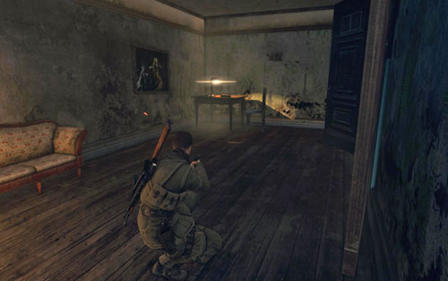 On the table in the first room after entering the building [#4] from the street side - Mission 10 - Wine Bottles and Gold Bars - Sniper Elite V2 - Game Guide and Walkthrough