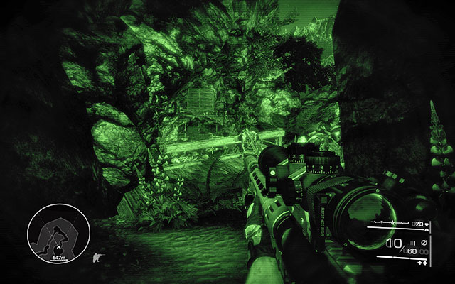 You will spend a majority of this mission wearing night-vision goggles - activate them with the proper button and head onwards following the only possible path - Cross the cave to the vantage point - Act 1 - From Out of Nowhere - Sniper: Ghost Warrior 2 - Game Guide and Walkthrough