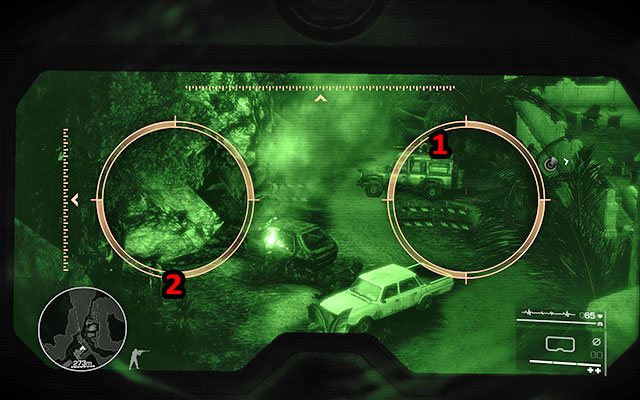 Afterwards take care of the enemy in the car [135m], leaving the mercenary on the left, between the rocks, for the end [100m] - Eliminate the enemies on the road - Act 1 - From Out of Nowhere - Sniper: Ghost Warrior 2 - Game Guide and Walkthrough