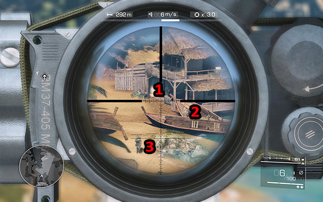 Wait for the patrolling soldier to lose eye contact with the enemy standing by the boats and eliminate him [250m] - Eliminate enemies on the beach - Act 1 - Leave No Man Behind - Sniper: Ghost Warrior 2 - Game Guide and Walkthrough