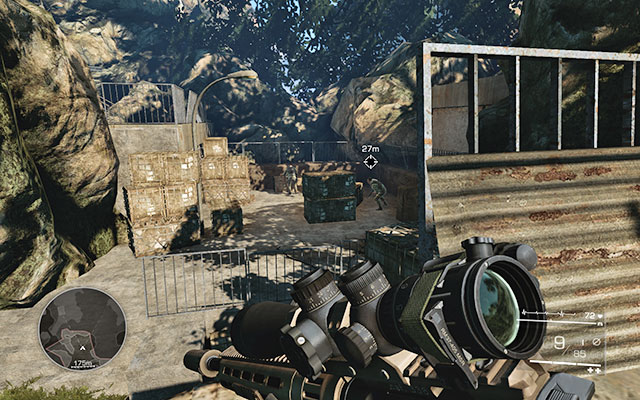 Jump down and move onwards while looking out for two guards - firstly take care of the one who is moving [30m] and then the one facing the other direction [35m] - Get through the outpost undetected - Act 1 - Leave No Man Behind - Sniper: Ghost Warrior 2 - Game Guide and Walkthrough