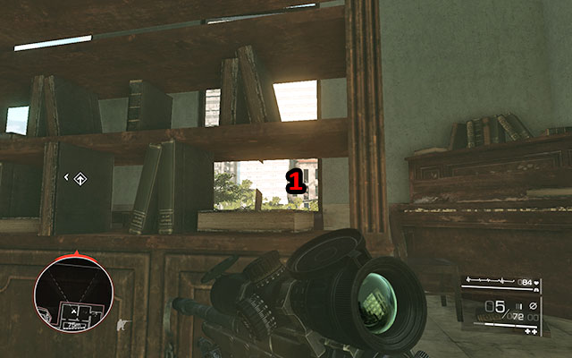 The third sniper is lurking on the balcony at the end of the left side of the building - hide yourself between the shelves so that he has a hard time location you [210m] - Get through the library - Act 2 - Ghost of Sarajevo - Sniper: Ghost Warrior 2 - Game Guide and Walkthrough