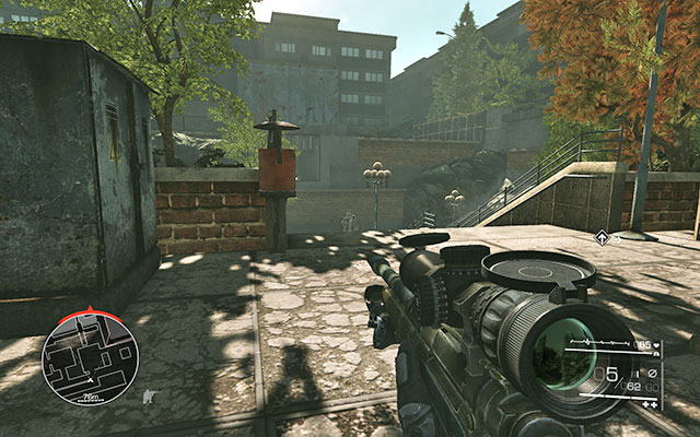 Move onwards while looking out for a soldier right behind the corner, beside a advertising column - Get through the park undetected - Act 2 - Ghost of Sarajevo - Sniper: Ghost Warrior 2 - Game Guide and Walkthrough