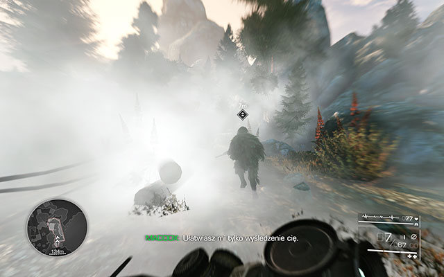 After getting to the other side, Diaz will throw a smoke grenade which will make things a bit harder for your enemy - try to quickly run through the smoke while sticking close to your companion - Follow Diaz - Act 3 - No Loose Ends - Sniper: Ghost Warrior 2 - Game Guide and Walkthrough