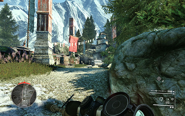 Run up the path to the nearest boulder and hide behind it - Follow Diaz and eliminate the indicated targets - Act 3 - Bad Karma - Sniper: Ghost Warrior 2 - Game Guide and Walkthrough